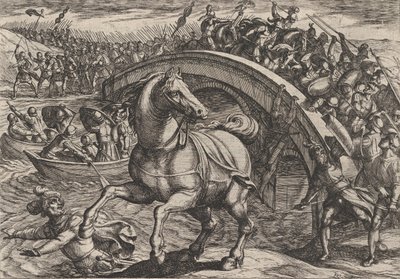 اللوحة 31: أجبر المدنيون على النزول والسباحة عبر النهر ، من حرب الرومان ... ، 1611. بواسطة انطونيو تمبيستا