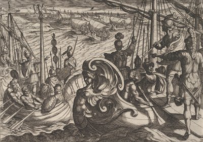 اللوحة 33: الأسطول الهولندي والروماني على نهر الراين ، من حرب الرومان ضد نهر ب ... ، 1611. بواسطة انطونيو تمبيستا