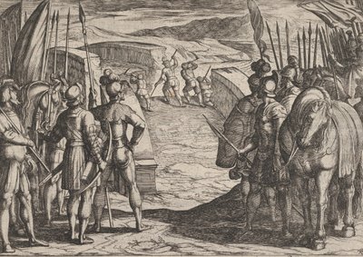 اللوحة 35: أصبح الباتافيون خائفين ويبدأون محادثات السلام ، من حرب الرومان عام 1611. بواسطة انطونيو تمبيستا