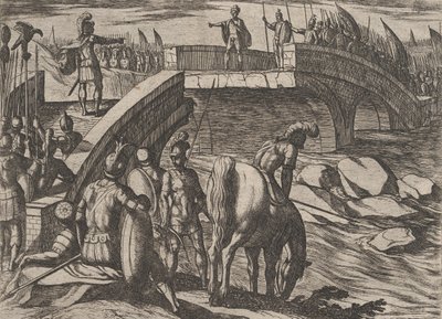 اللوحة 36: سيفيليس وسيرياليس يلتقيان على جسر مكسور للتوصل إلى اتفاق ، من حرب ... ، 1611. بواسطة انطونيو تمبيستا