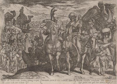 اللوحة 3: إبراهيم يأخذ قرعة وعائلته إلى أرضه ، من كتاب The Battles ...، ca. 1590-كاليفورنيا. 1610. بواسطة انطونيو تمبيستا