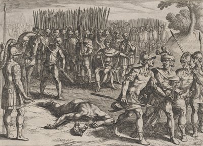 اللوحة 3: القبض على كلوديوس سيفيليس وقطع رأس شقيقه بولس ، من حرب الروه ... ، 1611. بواسطة انطونيو تمبيستا