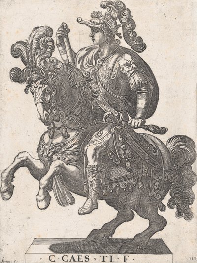 اللوحة 4: الإمبراطور غايوس على ظهور الخيل ، من "أول اثني عشر قيصرًا رومانيًا" ، 1596. بواسطة انطونيو تمبيستا