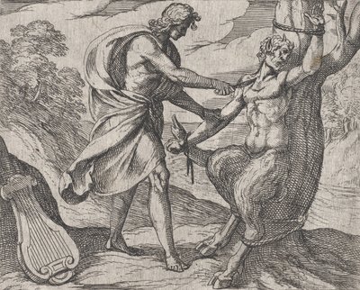 اللوحة 58: أبولو قتل مارسياس هزم من قبل أبولو ، من أوفيد 'ميت ... ، 1606. بواسطة انطونيو تمبيستا