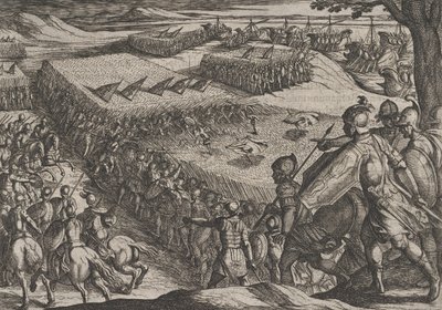 اللوحة 6: هزيمة الرومان بالقرب من نهر الراين ، من حرب الرومان ضد الباتفيين ... ، 1611. بواسطة انطونيو تمبيستا