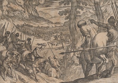 اللوحة 8: الإسكندر يحاصر قوات العدو بالنار ، من أفعال الإسكندر ... 1608. بواسطة انطونيو تمبيستا