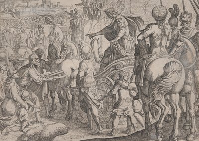 اللوحة 9: دخول الإسكندر المنتصر إلى بابل ، من أعمال الإسكندر الأكبر ، 1608. بواسطة انطونيو تمبيستا
