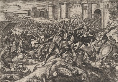 اللوحة 9: هزم الرومان على يد القوات الهولندية في بونّا ، من حرب الرومان أجاي ... ، 1611. بواسطة انطونيو تمبيستا