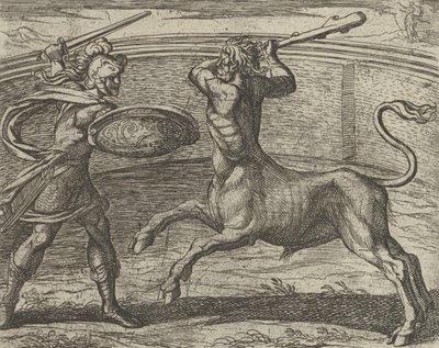 ثيسيوس ومينوتور مينوتوروم ثيسيوس فينسيت ، من Metamorphos ... ، نُشرت بعد 1606. بواسطة انطونيو تمبيستا