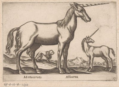 اثنين من حيدات وأسد Monocerons / Allicorno (العنوان على الكائن) الحيوانات والمخلوقات الأسطورية (عنوان السلسلة) نوفا راكولتا دي لي أنيمالي بيو كوريوسي ديل موندو (عنوان المسلسل) بواسطة انطونيو تمبيستا