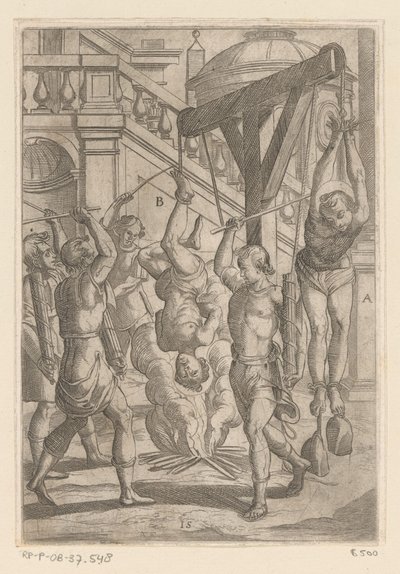حرق يتدلى بالمقلوب والضرب تعذيب شهداء المسيحيين (عنوان المسلسل) Varia tormentorum et supplicioru crudelium (...] (عنوان السلسلة) بواسطة انطونيو تمبيستا