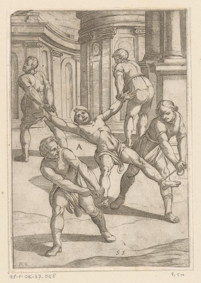أربعة رجال شدوا أطراف القديس تعذيب شهداء المسيحيين (عنوان المسلسل) Varia tormentorum et supplicioru crudelium (...] (عنوان السلسلة) بواسطة انطونيو تمبيستا