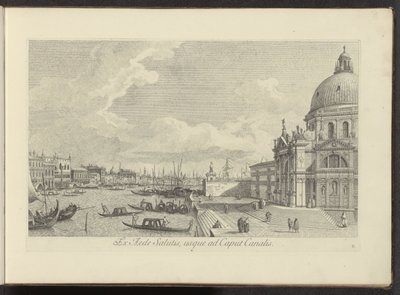 Gezicht op het Canal Grande en de Santa Maria della Salute te Venetië من بيت الخلاص إلى رأس القناة (العنوان على الجسم) أشهر المناظر لمدينة البندقية ، من 38 لوحة لقناة أنطونيوس ، مطبوعة على النحاس بواسطة أنطونيو فيسينتيني ، في ثلاثة أجزاء بواسطة كاناليتو