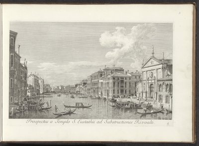 Gezicht op het Canal Grande en de kerk de San Stae te Venetië منظر من معبد القديس أوستاثيوس إلى الهياكل الفرعية لريفوالتي (العنوان على الجسم) أشهر المناظر لمدينة البندقية ، من الألواح الثامنة والثلاثين لقناة أنطونيوس ، التي طبعها أنطونيو فيسينتيني بالنحاس  بواسطة كاناليتو