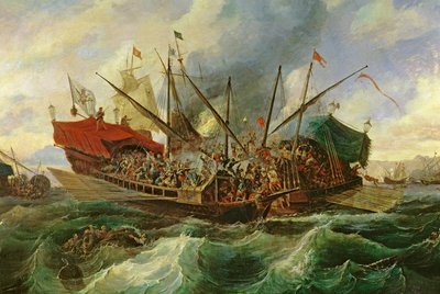معركة ليبانتو البحرية بين العصبة المقدسة والأتراك عام 1571 (زيت على قماش) (تفصيل) بواسطة أنطونيو دي بروغادا