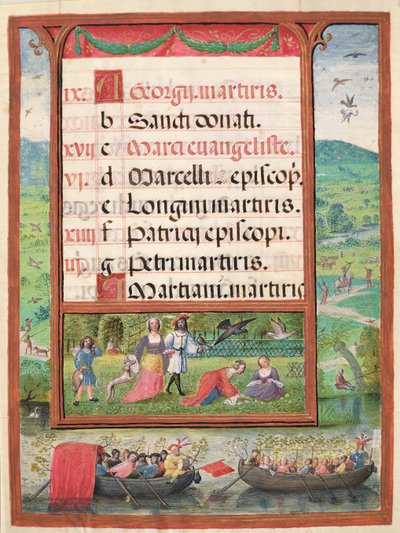شهر أبريل ، المنمنمات من "كتاب ساعات دوم مانويل" ، 1517-38 (درجة الحرارة على الرق) بواسطة أنطونيو دي هولاندا