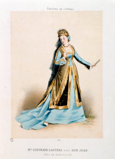 المغنية بولين لووترز-جويمار (لوتيرز غيمار) (1834-1876) تؤدي دونا إلفير في أوبرا وولفغانغ أماديوس موزارت دون جيوفاني (دون جوان) (1756-1791) خلال عرض في مسرح الأوبرا في باريس. طباعة حجرية لأنطوني مورلون (1834-1914) خاص بواسطة أنتوني بول إميل مورلون