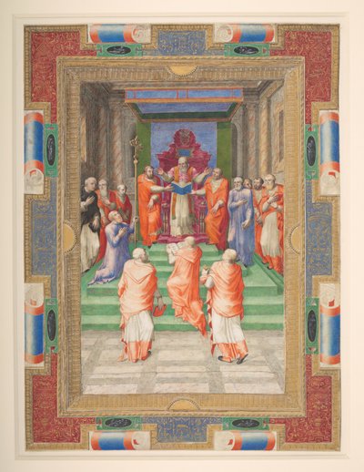 احتفال بابوي ، بول الرابع يقف أمام العرش البابوي ، إضافة. MS 35254 Q، c.1555-59 (رق) بواسطة أبولونيو دي بونفراتيللي