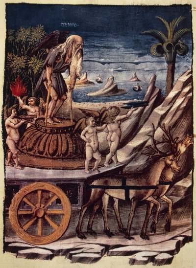 انتصار الزمن ، عربة الزمن التي تجرها الغزلان ، المنمنمة لأبولونيو دي جيوفاني (1415 أو 1417-كاليفورنيا 1465) من انتصار ، قصيدة استعارية بقلم فرانشيسكو بتراركا (1304-1374) ، مخطوطة 1129 ، الصفحة 42 ، ظهر الصفحة ، إيطاليا بواسطة Apollonio di Giovanni di Tommaso