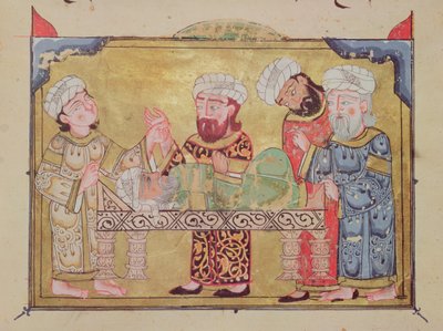 زيارة الأطباء لمريضه مشهد من مقامات الحريري (الغواش على الرق) بواسطة المدرسة العربية