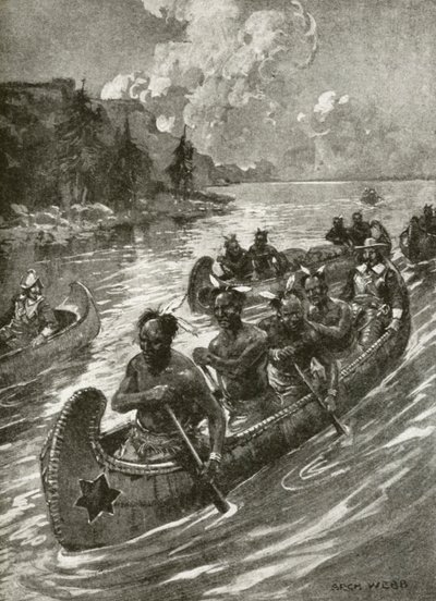Samuel De Champlain in 1608 ascending the St Lawrence river in the canoes of friendly native American Indians (litho) بواسطة أرشيبالد بيرترام (بعد) ويب