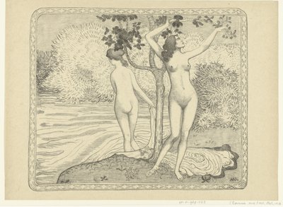 Twee badende vrouwen bij waterkant زومر اثنين من الاستحمام تحت شجرة بالمياه صيف المحاكمة (عنوان المسلسل) بواسطة لوبريف