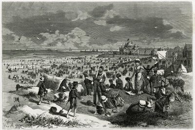 أوستند بيتش. نقش بواسطة أ. هاينز لتوضيح قصة "La Belgique" للكاتب كاميل ليمونير (1844-1913) ، الكاتب والناقد الفني. نُشر في مجلة Tour du monde new des voyages بواسطة أرماند جان هاينز