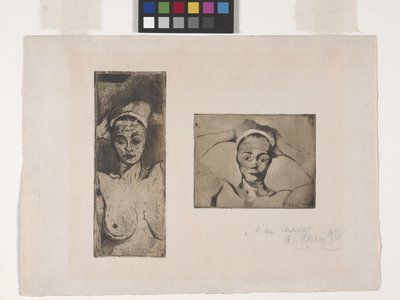 عارية ويداها خلف رأسها ، عموديًا (الصورة اليسرى) ؛ عارية ويداها خلف رأسها ، أفقيًا (الصورة اليمنى) (حفر ونقش مائي) بواسطة أرماند سيجين