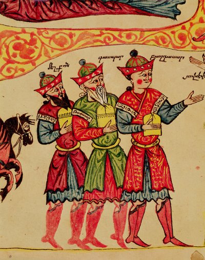Ms 404 f.1v المجوس الثلاثة ، التفاصيل من الميلاد ، القرن 12 إلى 13 بواسطة المدرسة الأرمنية