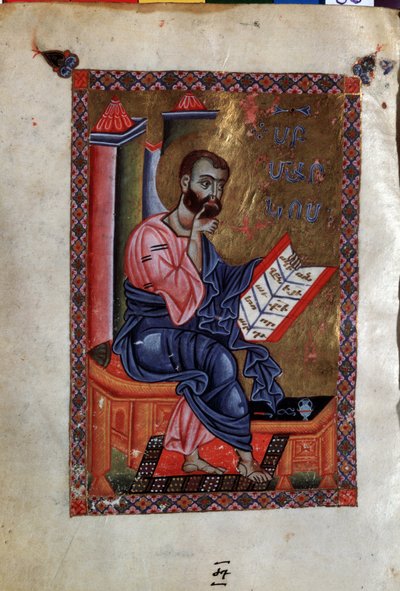 القديس مرقس الإنجيلي (مرقس الإنجيلي). إضاءة من قبل سيد Codex Matenadaran (القرن الثالث عشر) ، مصغر ، ألوان مائية على رق بواسطة المدرسة الأرمنية