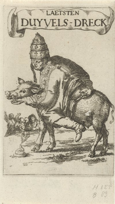 البابا على خنزير صفحة العنوان لـ: J. Lydius، Laetsten duyvels-dreck، 1687 بواسطة سيمون أوندير دي ليندي