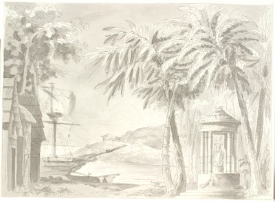 المناظر الطبيعية الساحلية الاستوائية مع أشجار النخيل والسفينة والمعبد الصغير (بوذا؟) بواسطة آرون واليك