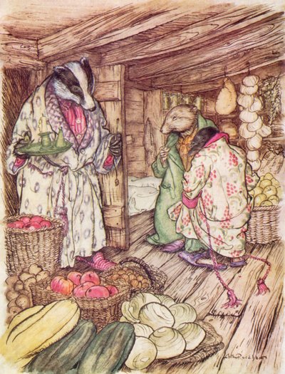 رسم توضيحي لكتاب "الريح في الصفصاف" لكينيث غراهام (طباعة حجرية ملونة) بواسطة آرثر (بعد) راكهام