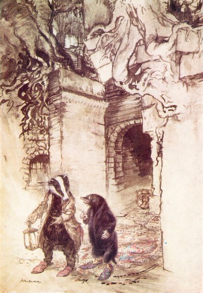 رسم توضيحي لكتاب "الريح في الصفصاف" لكينيث غراهام (طباعة حجرية ملونة) بواسطة آرثر (بعد) راكهام