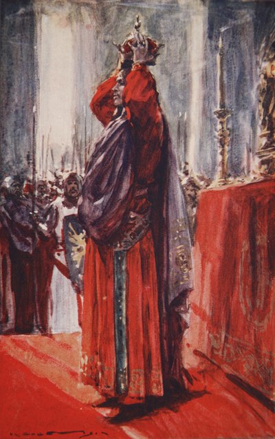 وصل إلى المذبح حيث كان التاج: رفعه ووضعه على رأسه ، رسم توضيحي من "تاريخ ألمانيا" لسعادة إ. مارشال بواسطة آرثر سي (بعد) مايكل