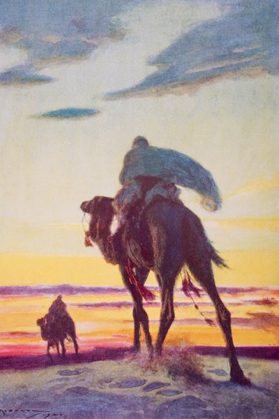 رحلة محمد إلى المدينة ، رسم توضيحي من "مخطط التاريخ" بقلم هـ.ج.ويلز ، المجلد الثاني ، نُشر عام 1920 (لون ليثو) بواسطة آرثر سي (بعد) مايكل