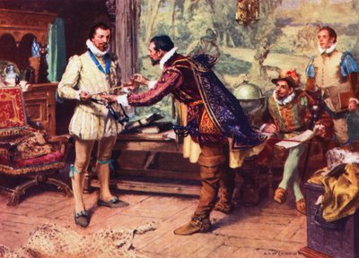 رالف لين، أول حاكم لفرجينيا، يقدم مزمارًا هنديًا للسير والتر رالي في عام 1586، وبذلك قدم الغليون ... (صورة حجرية ملونة) بواسطة آرثر ديفيد (بعد) ماكورميك