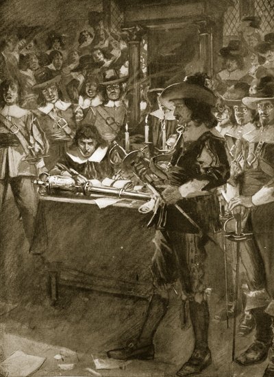 سترافورد يسلم سيفه إلى مجلس العموم ، صورة من "قصة هتشنسون عن الأمة البريطانية" ، ج .1923 بواسطة آرثر ديفيد ماكورميك