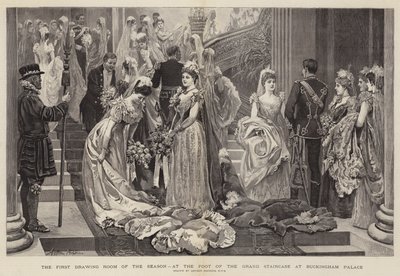 غرفة الرسم الأولى لهذا الموسم ، عند سفح الدرج الكبير في قصر باكنغهام بواسطة Arthur Hopkins