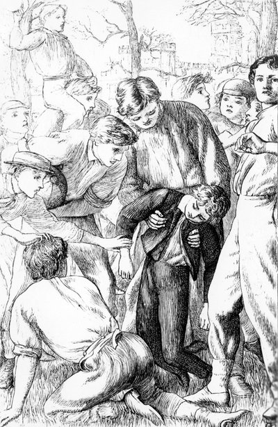 استغلال توم الأول في كرة القدم ، رسم توضيحي من "أيام مدرسة توم براون" لتوماس هيوز (1822-1896) ، طبعة 1869 بواسطة آرثر هيوز