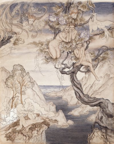 أغنية خرافية ، تم رسمها للفصل الثاني ، المشهد الثاني ، من حلم ليالي منتصف الصيف (قلم وحبر ومرحاض على الورق) بواسطة آرثر راكهام