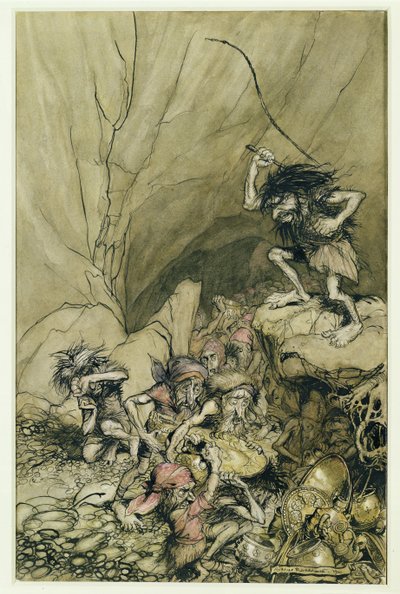 يقود Alberich في فرقة من Nibelungs محملة بكنوز الذهب والفضة ، وهو رسم توضيحي من The Rheingold and the Valkyrie بواسطة Richard Wagner (1813-83) Pub. 1910 (قلم وحبر ، مرحاض) بواسطة آرثر راكهام