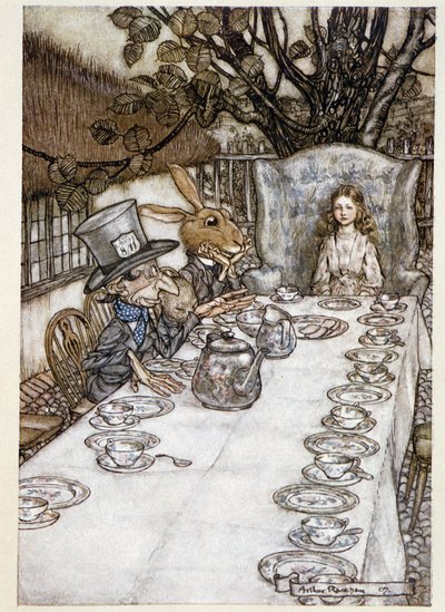 أليس تأخذ "" في الحمقى "" (The Hatter and the Mars Lievre) - في "" مغامرات أليس في بلاد العجائب "" ، لويس كارول ، مريض. بقلم آرثر راكهام (1867-1939) بواسطة آرثر راكهام