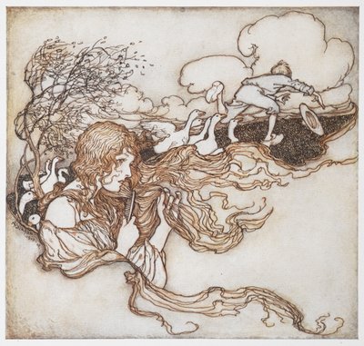 رسم توضيحي لفتاة تمشط شعرها بالأوز وصبي في الخلفية ، من The Goosegirl. بواسطة آرثر راكهام