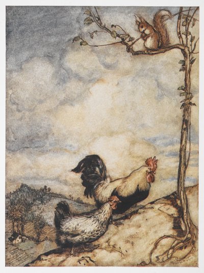 رسم توضيحي للدجاجة والديك الصغير والسنجاب من The Adventures of Chanticleer and Partlet. بواسطة آرثر راكهام