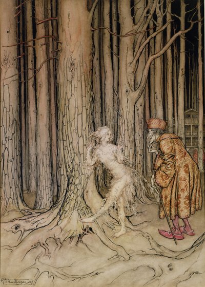 قابلت أخيرًا العريس الذي عاد ببطء ، رسم توضيحي لـ Fitchers Bird ، من Little Brother ، Little Sister ، بواسطة Brothers Grimm ، 1917 (مرحاض وقلم وحبر على ورق) (انظر أيضًا 28797) بواسطة آرثر راكهام