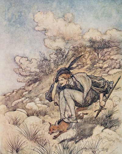 بعيدًا ، طاروا فوق المخزون والحجر ، وبسرعة جعلت صفير شعره في مهب الريح ، من The Fairy Tales of the Brothers Grimm ، حانة. 1909 بواسطة آرثر راكهام