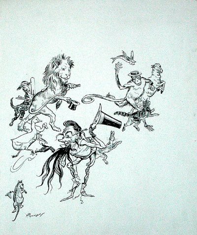 "كانت الطيور والوحوش والأسماك تسرع في حيرة الجماهير" ، رسم توضيحي من "The Zankiwank and the Bletherwitch" ، بقلم SJ Adair Fitzgerald ، نُشر عام 1896 (قلم وحبر على ورق) بواسطة آرثر راكهام