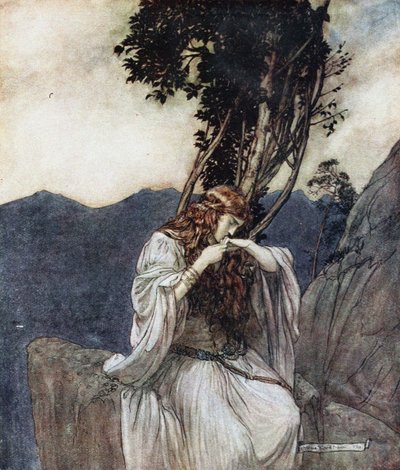 تقبّل برونهيلد الحلقة التي تركتها سيغفريد معها. رسم توضيحي لـ Siegfried و The Twi بواسطة آرثر راكهام