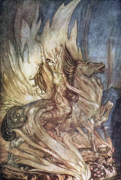 يقفز Brünnhilde على Grane على جنازة Siegfried. رسم توضيحي لـ Siegfried و The Tw بواسطة آرثر راكهام
